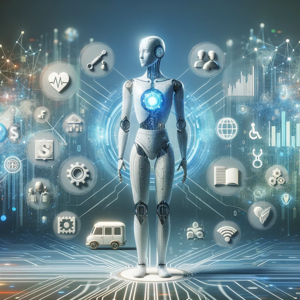 The stock photo created visualizes the profound impact of Artificial Intelligence (AI) on various aspects of technology and society. It features a humanoid robot, symbolizing AI, with a sleek and advanced design indicative of innovation and intelligence. Around this central figure are abstract representations of different industries influenced by AI, such as healthcare, finance, transportation, and education, illustrated through symbols like a stethoscope, financial graphs, a vehicle, and a book. The background presents a digital landscape, representing a networked and interconnected world, emphasizing the theme of progress, sophistication, and the transformative role of AI in our daily lives.