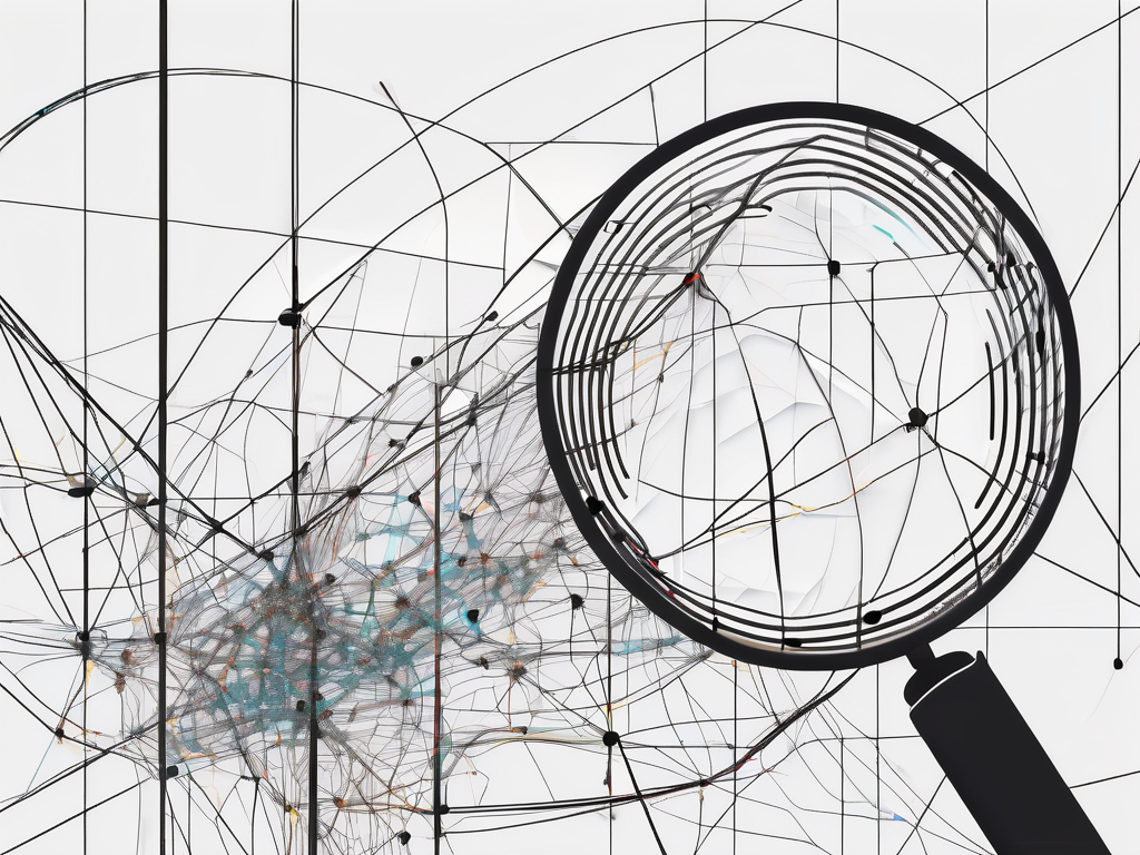 A large magnifying glass hovering over a complex network of interconnected data points and lines