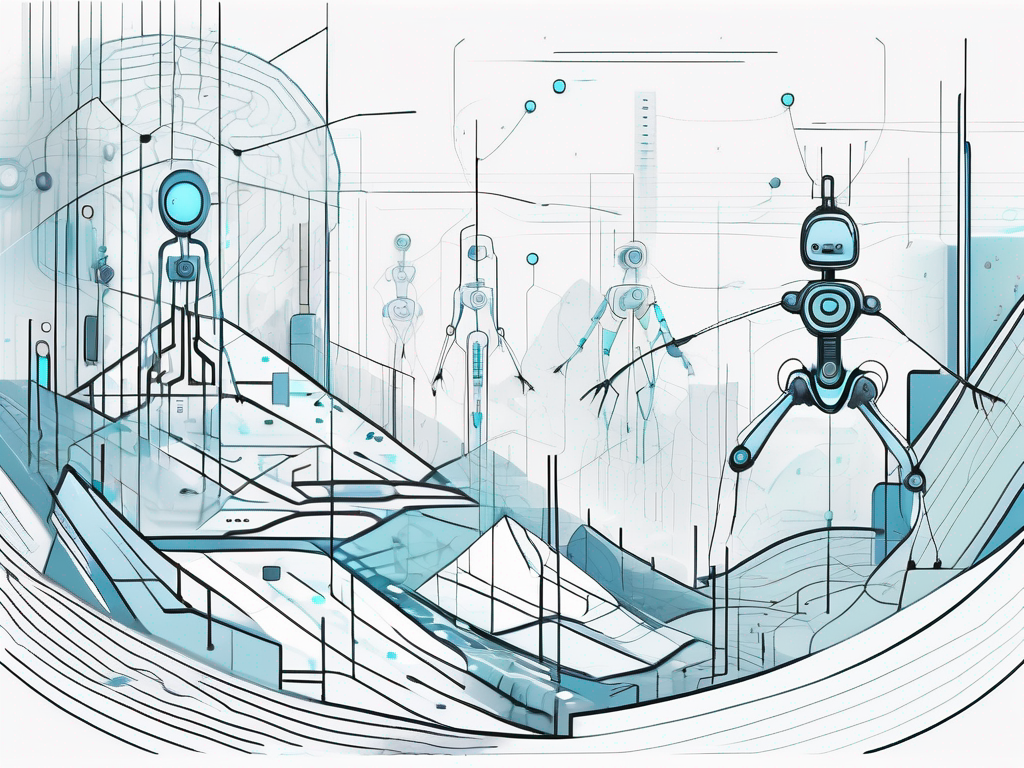 A futuristic landscape with various artificial intelligence elements like robots