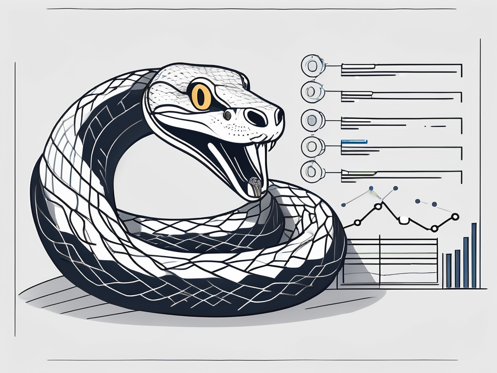 A large python snake wrapping around various data science elements like graphs