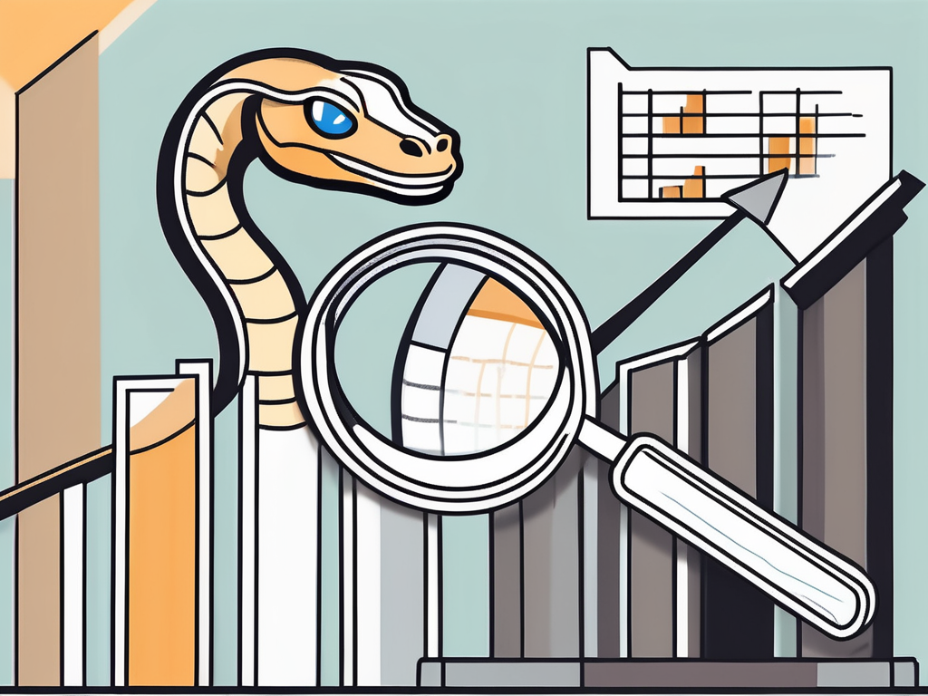 A python snake entwined around a magnifying glass examining a bar chart and pie chart