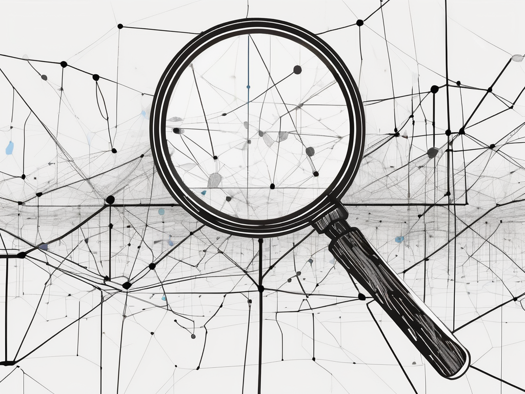 A magnifying glass hovering over a complex network of data points and lines