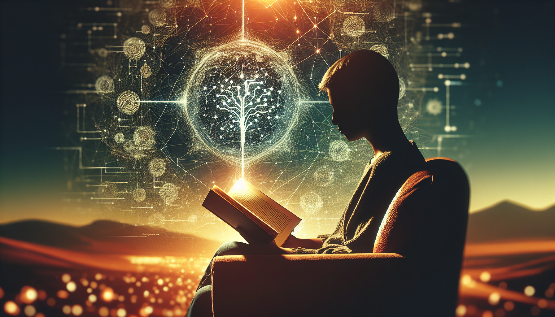 A person reading a book with AI algorithms illustrations
