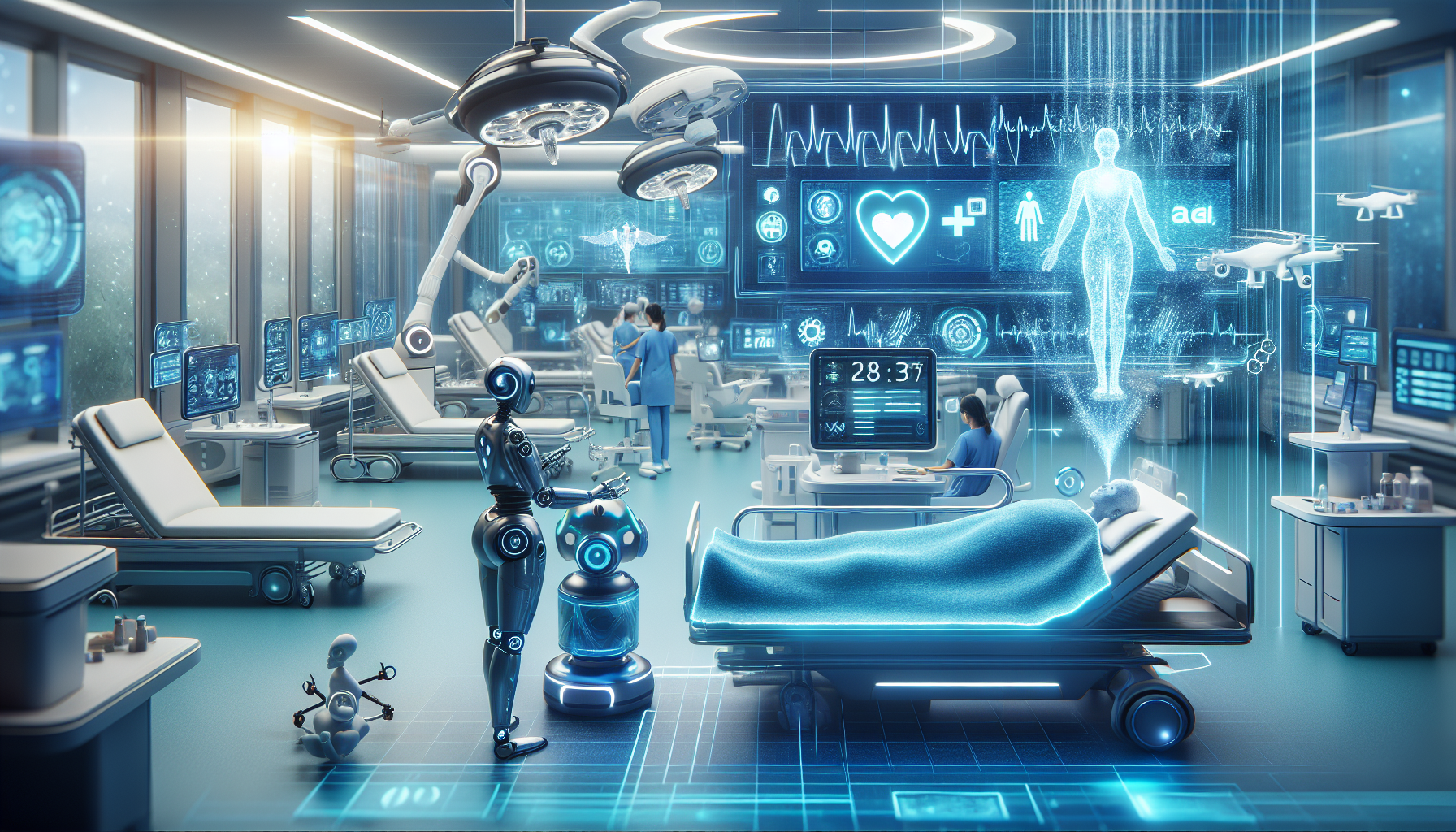 An illustration of a futuristic healthcare setting with AI technology