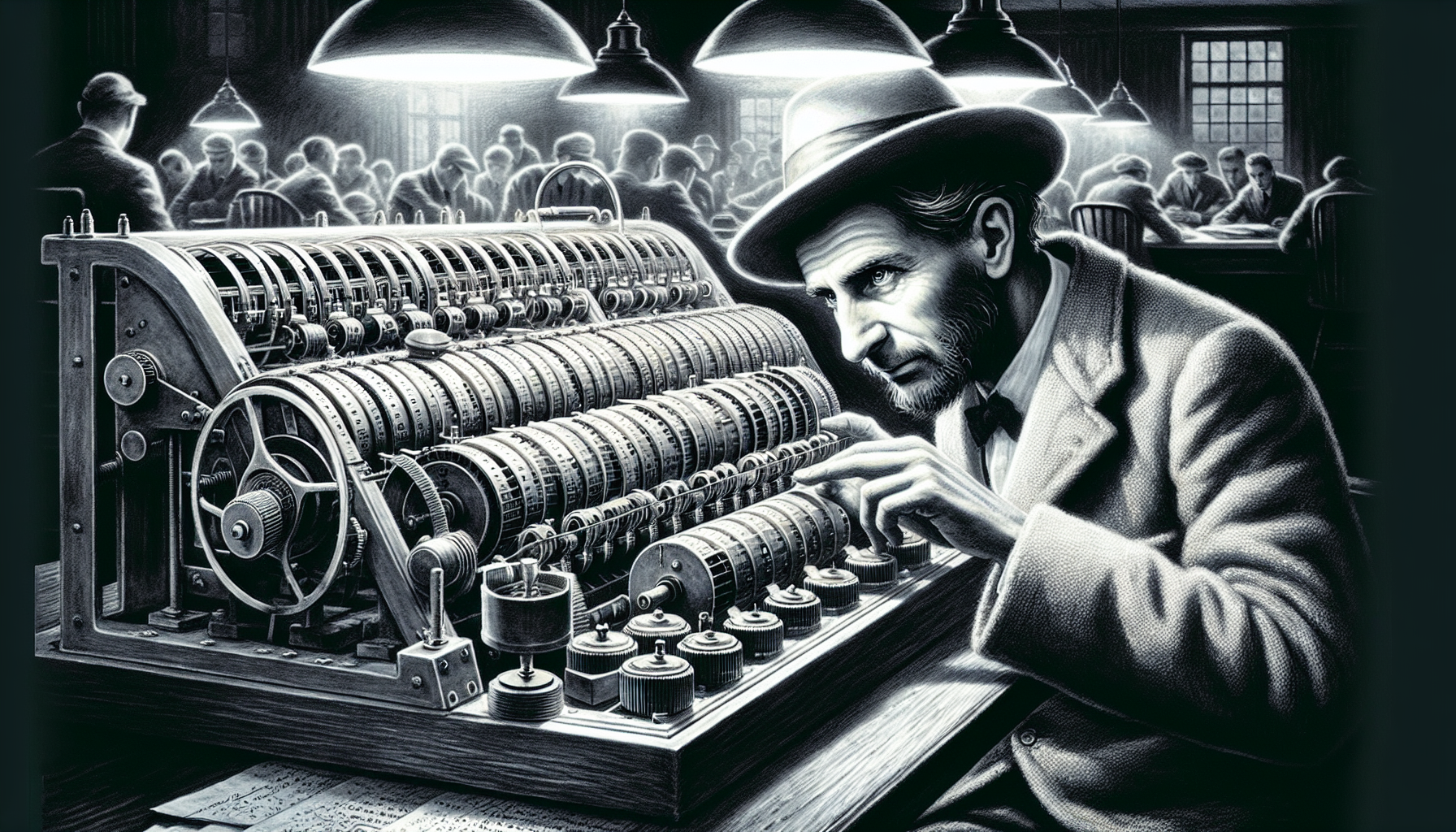 Illustration of Alan Turing at the codebreaking machine