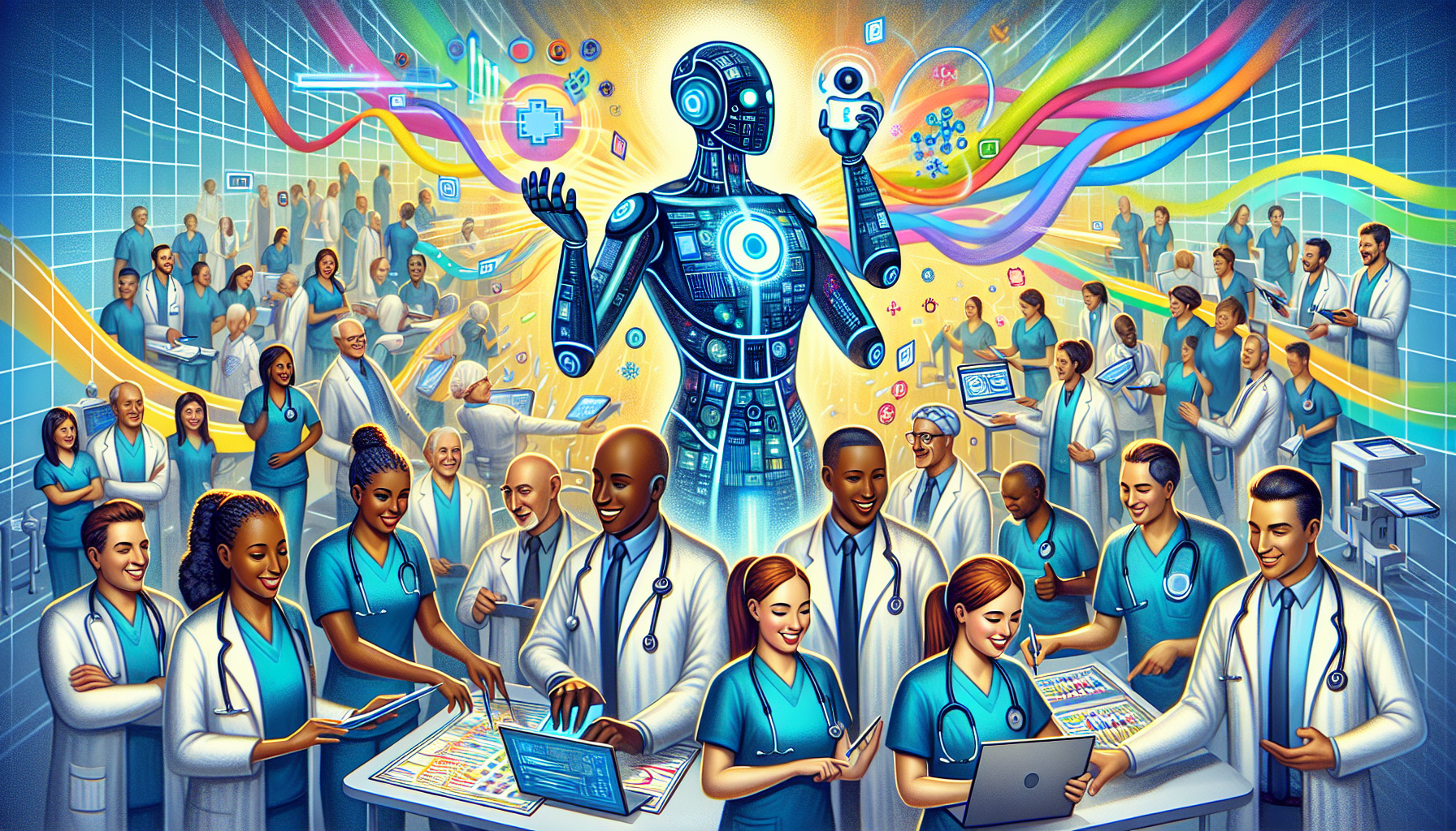 A whimsical illustration highlighting the integration of AI into clinical workflows